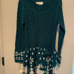 Teal Knit Sweater Dress with White Pattern